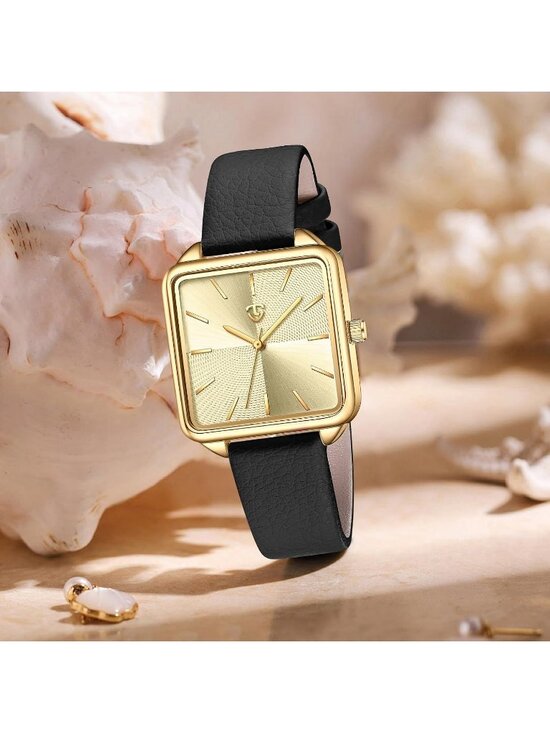 Women\'s Black Gold Square Leather Vintage Elegant Waterproof Quartz Wrist Watch main image 6